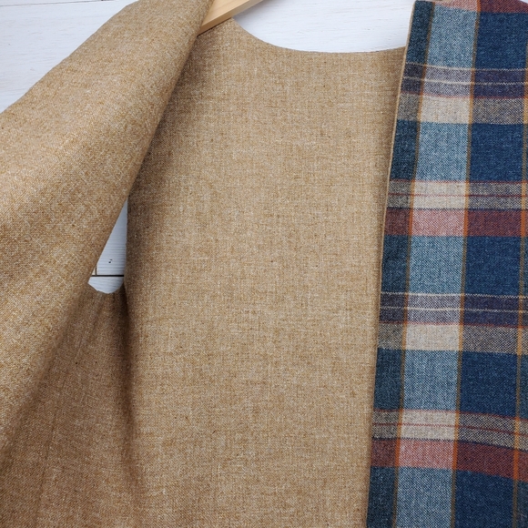 Vintage Neutral tan blue Plaid open front Vest jacket fall Unisex size large - Picture 5 of 14